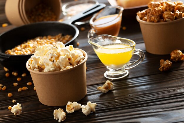 Papieren emmers met boter en karamelpopcorn op keukentafel