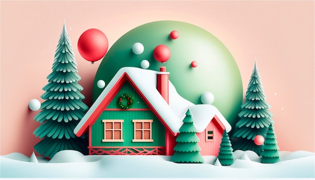 Papieren kerstversieringssjabloon met bomen in pastelkleuren in 3D-formaat met ruimte voor tekst Kerstkaart AI gegenereerd