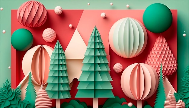 Papieren kerstversieringssjabloon met bomen in pastelkleuren in 3D-formaat met ruimte voor tekst Kerstkaart AI gegenereerd