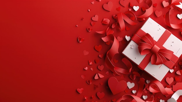 Papieren kunst Valentine's Day concept banner met handgemaakte cadeau doos papier gesneden lint boog en veel harten op een rode achtergrond met ruimte voor tekst