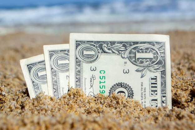 Papieren rekeningen van één dollar begraven in het zand op het strand tegen de achtergrond van de zee