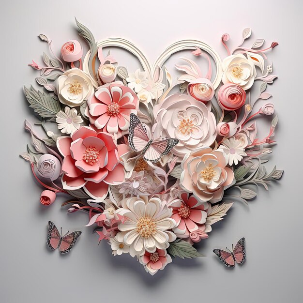 Foto papieren snijbloemen met vlinder en hart in de stijl van hyperrealistische olie