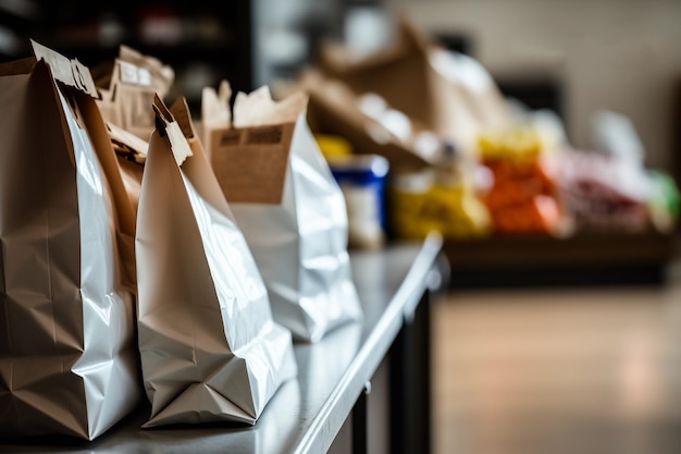 Papieren tassen bij de supermarkt bij de kassa Generative AI