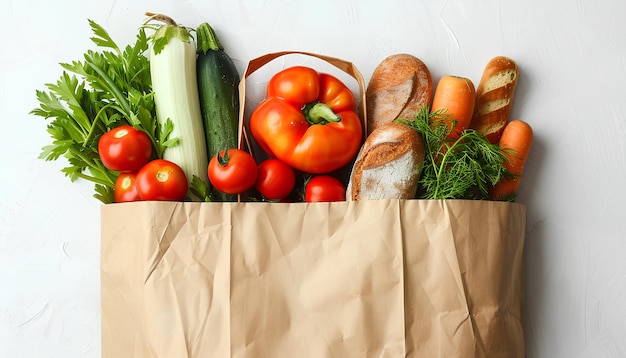 Papieren zak met groenten, fruit en brood op witte achtergrond