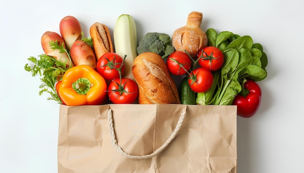 Papieren zak met groenten, fruit en brood op witte achtergrond