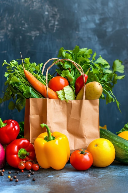 Papieren zakken gevuld met groenten en fruit