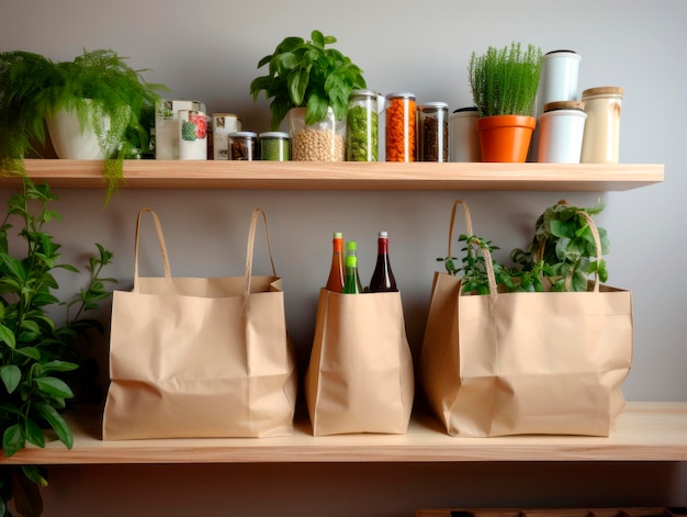 Papieren zakken met voedsel op de plank in de keuken Boodschappenconcept Generatieve AI