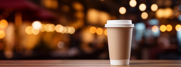 Papierkop koffie op een houten tafel in een koffieshop Ruimte voor tekst en ontwerp