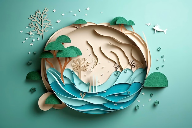Papierkunst Ecologie en wereldwaterdag Water besparen en wereldmilieudag milieubescherming en aardewater besparen Genereer Ai