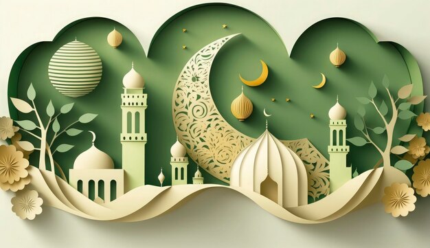 Papierkunst eid mubarak ramadan kareem rmadan kareem wenskaart ramadan kareem banner ramadan kareem kaart eid mubarak ramadan eid mubarak sjabloon Ai genereren