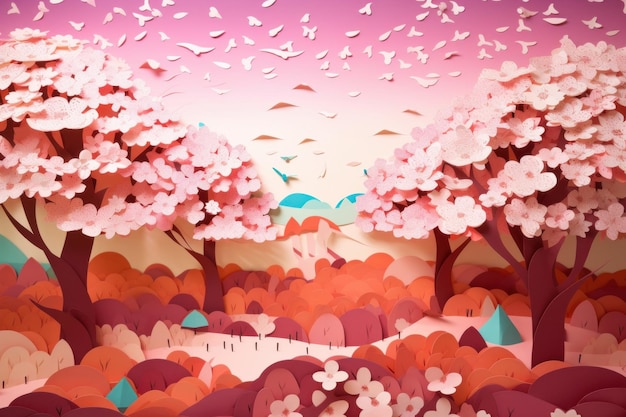 Papierkunst van een bos met een roze lucht en een paar bomen met het woord kers erop.