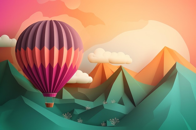 Papierkunst van een heteluchtballon die over bergen en wolken vliegt.