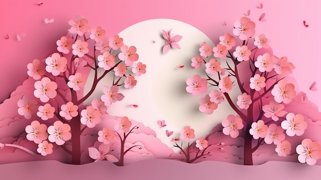 Papierkunst van sakuraboom en kersenbloesem in de lente Generatieve AI