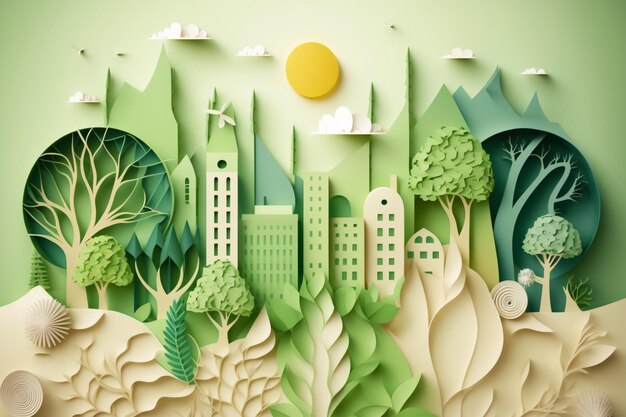 Papierkunststijl Papier gesneden van eco-stadsontwerp Groene energieconcept en milieubehoud Genereer Ai