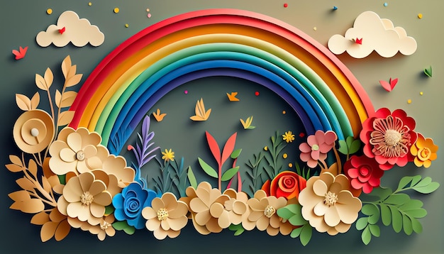 Papierstijl bloemen regenboog lente achtergrond