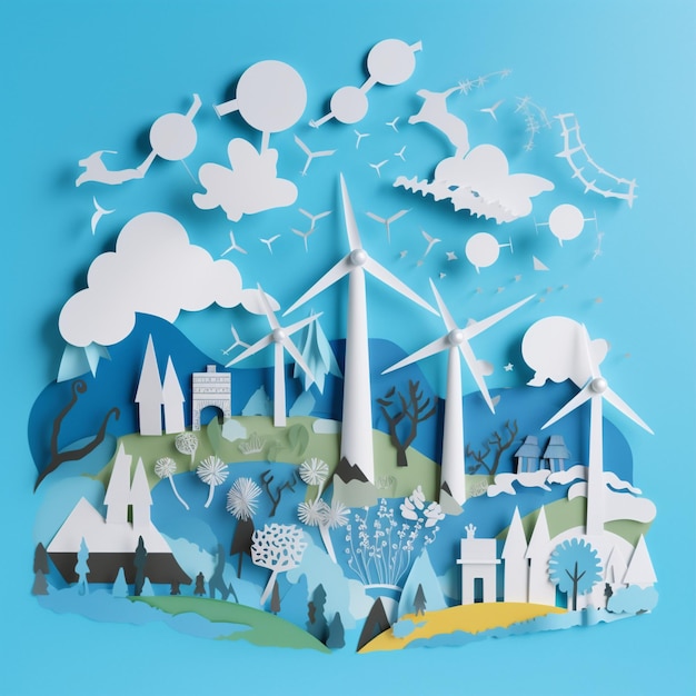 Papieruitsparingen van hernieuwbare energiebronnen tegen de achtergrond van blauwe lucht die duurzaamheid benadrukken