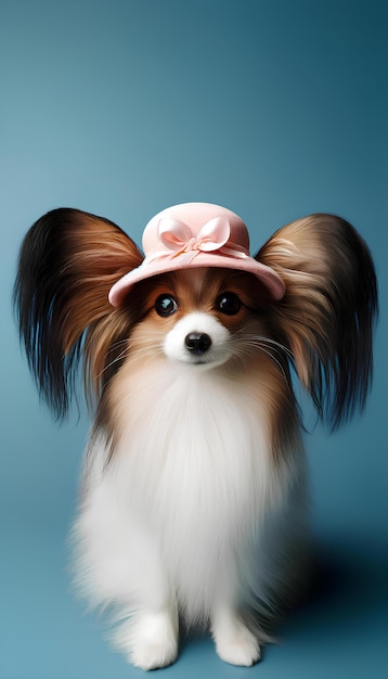 a Papillon dog dressed in a sweet female hat posing on a solid blue background
