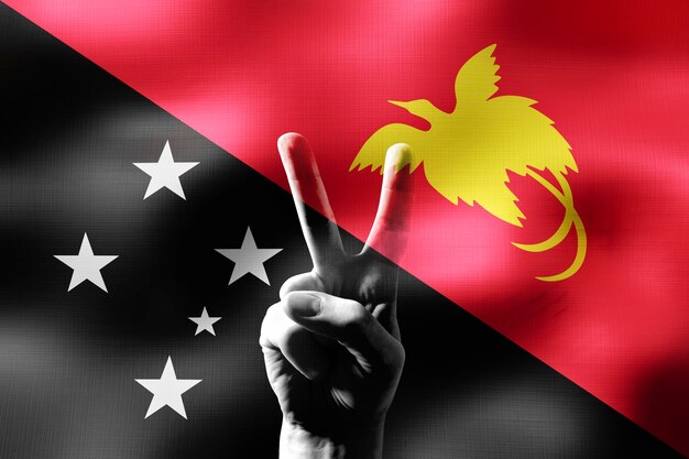 Papoea-Nieuw-Guinea twee vingers tonen vredesteken en nationale vlag