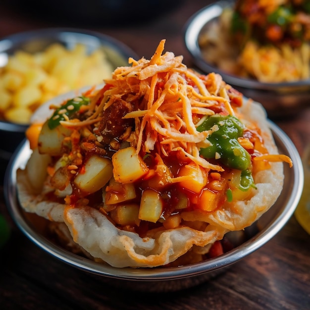 Photo papri or papdi chat also known as sev batata puri popular indian snacks or street food selectiv