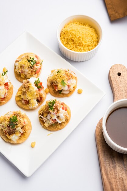 Papri OR Papdi chat  Also known as Sev Batata Puri - popular indian snacks or street food, selective focus