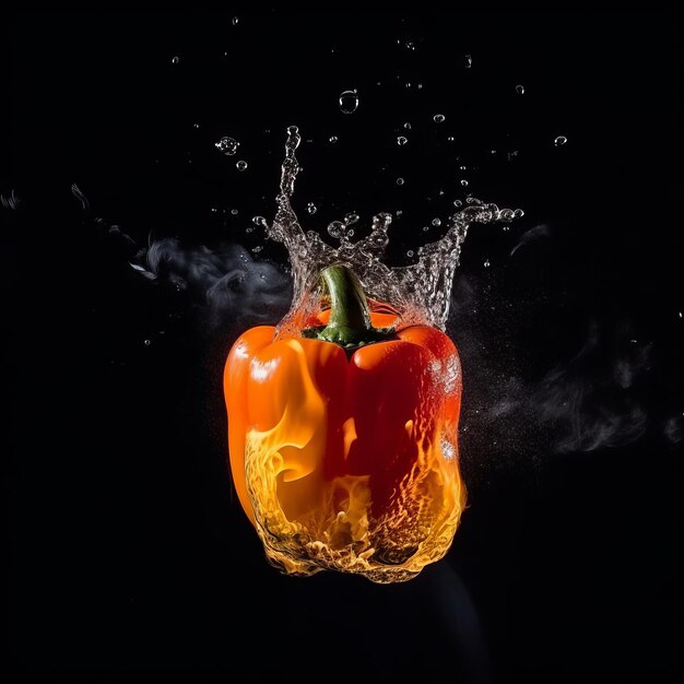 Paprika in de botsing van water en vuur op zwarte achtergrond