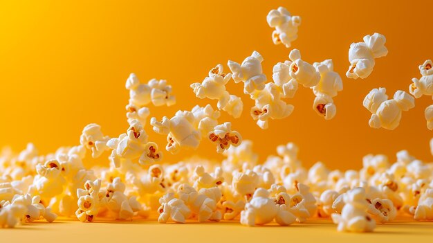 Foto un arco a forma di parabola di popcorn che vola sullo sfondo giallo semplice fotografia alimentare iperrealistica scattata con una telecamera 50mm