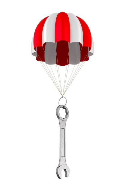 Parachute and spanner on white.