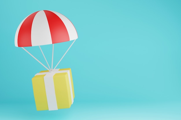 Parachute with cardboard box delivery by air 3d render