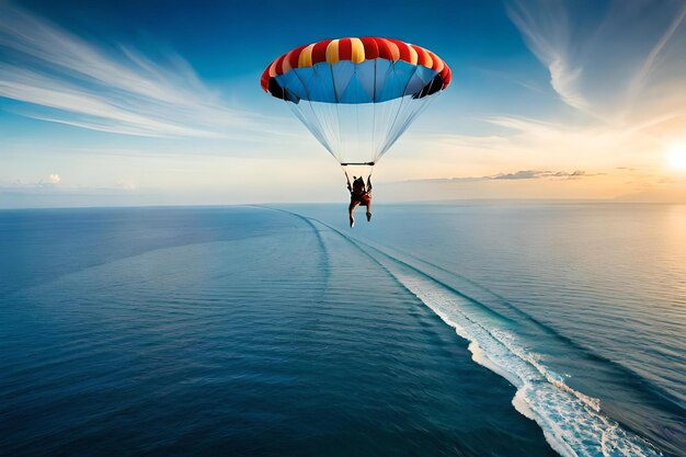 A parachute with a red and yellow stripes on it