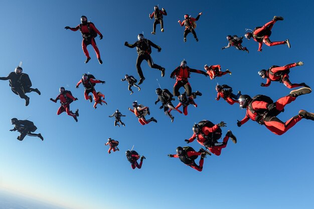 Parachutisten dalen tegen een heldere blauwe hemel.