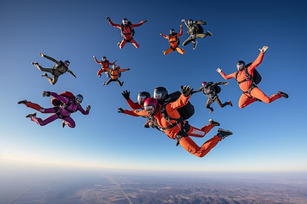 Parachutisten dalen tegen een heldere blauwe hemel.