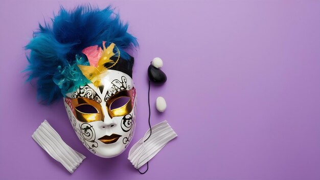 Parade mask and accessories on copy space violet background