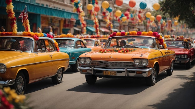 a parade of old cars with people in the back of them and balloons in the air