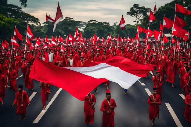 A parade of people with red and white flags