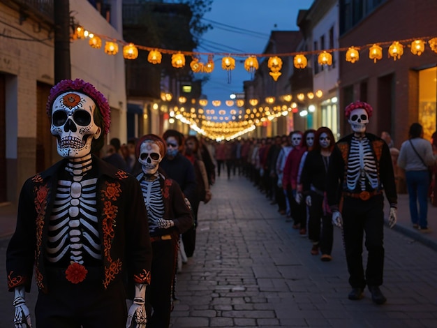 Photo a parade of skulls and skeletons are walking down a street