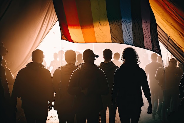 Parade van homo's en lesbiennes met een regenboogvlag Illustraties Generatieve AI