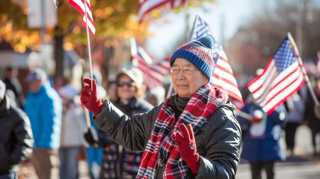 Foto una parata con una bandiera americana il memorial day