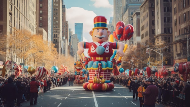 a parade with a balloon that says film character.