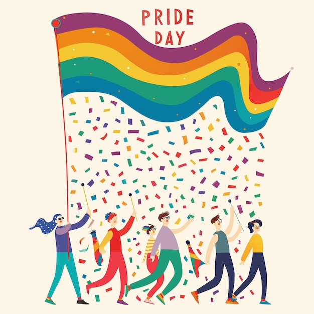 a parade with illustrated figures holding a long flowing rainbow flag with Pride Day floating