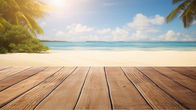 Paradijs ontspannen gevonden op een houten terras met een prachtig uitzicht op het strand en weelderige palmbomen Generatieve AI