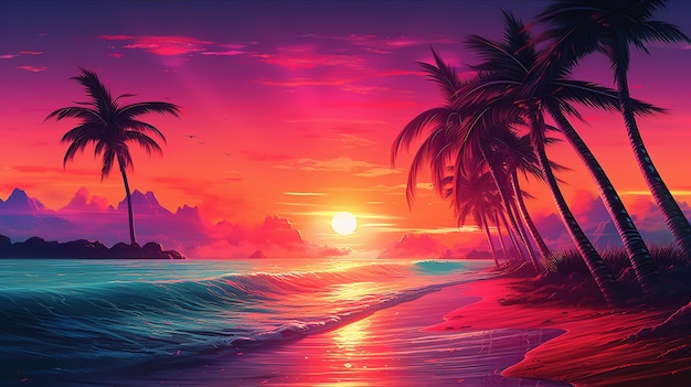 Paradijs retro jaren 80 synthwave strandpalmen aan zee Generatieve AI