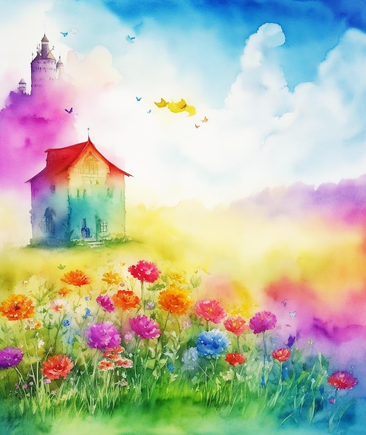 paradijs vlinder bloemen mysterie paleis huisje regenboog pluizige verf op papier HD aquarel afbeelding