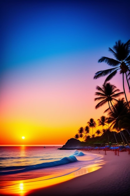 Paradijsstrand met zonsondergang in felle lichten van een stad