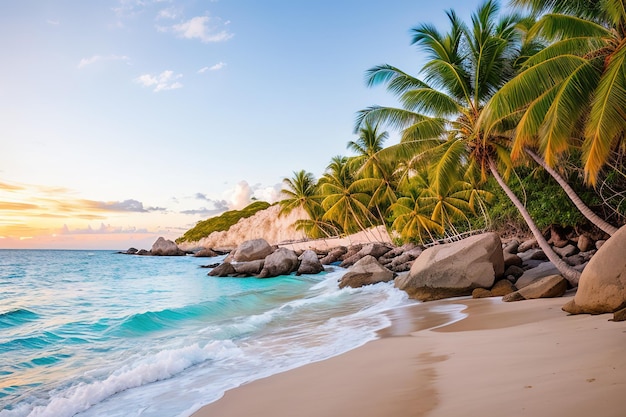 Paradijsstrand van een tropisch eiland palmbomen wit zand azuurblauw water Generatieve AI