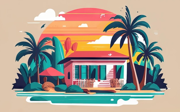 Photo paradise beach illustration with sun palm trees and houses