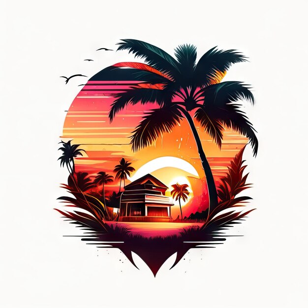 Paradise beach illustration with sun palm trees and houses
