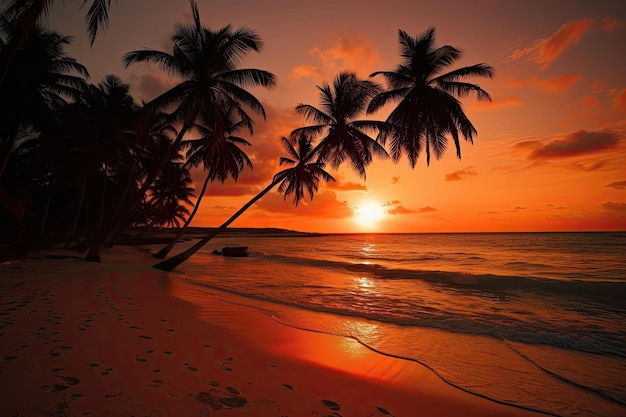 Paradise beach setting sun coconut trees sunbathers and happy seagulls generative IA