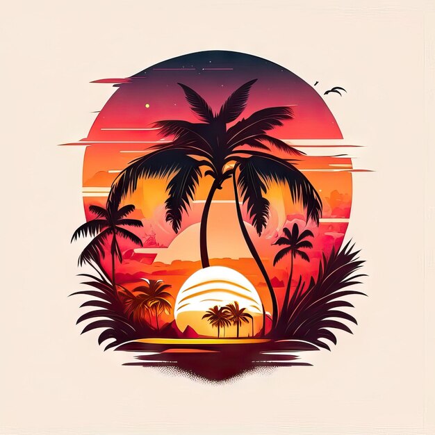 Paradise beach sticker with sun palm trees and houses