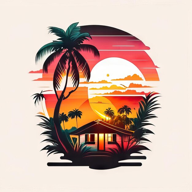 Paradise beach sticker with sun palm trees and houses