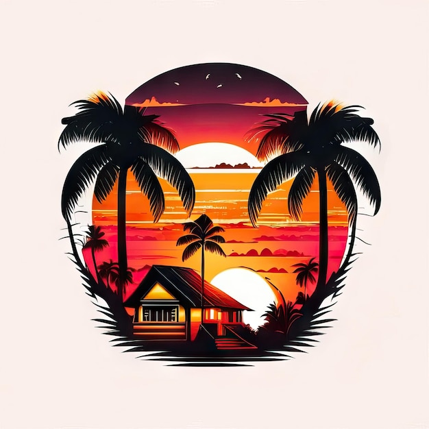 Photo paradise beach sticker with sun palm trees and houses